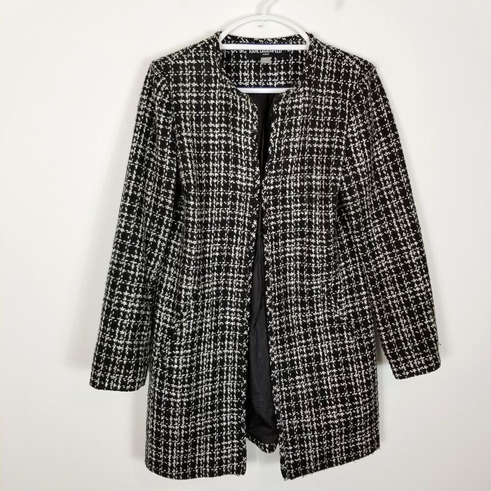 Karl Lagerfeld Paris Tweed Long Coat Black White Size S Jacket Open Front Plaid